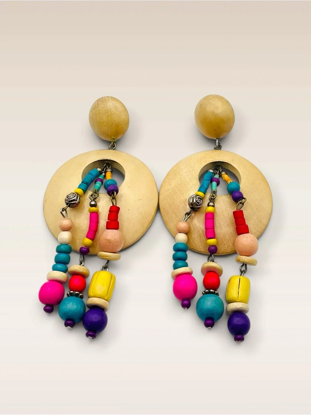 Vintage Multi-Color Beaded Wood Statement Dangle Pierced Earrings Boho